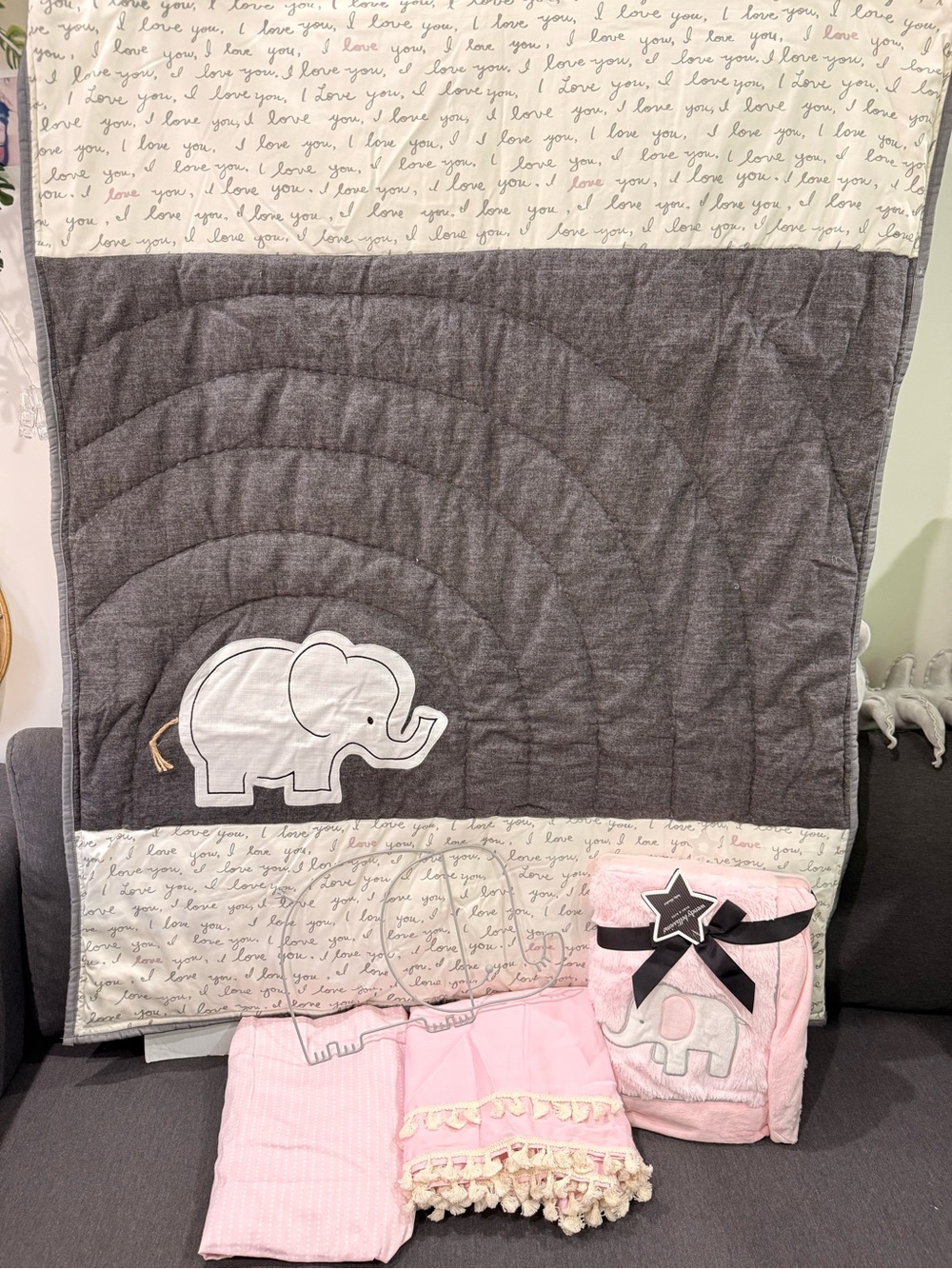 Gray and Pink Elephant Baby crib Bedding Set New, unique